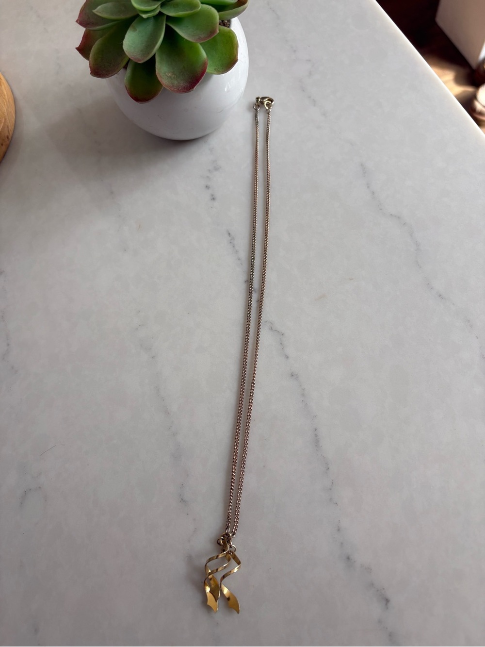 Gold Pendant Necklace with Ribbon Drop